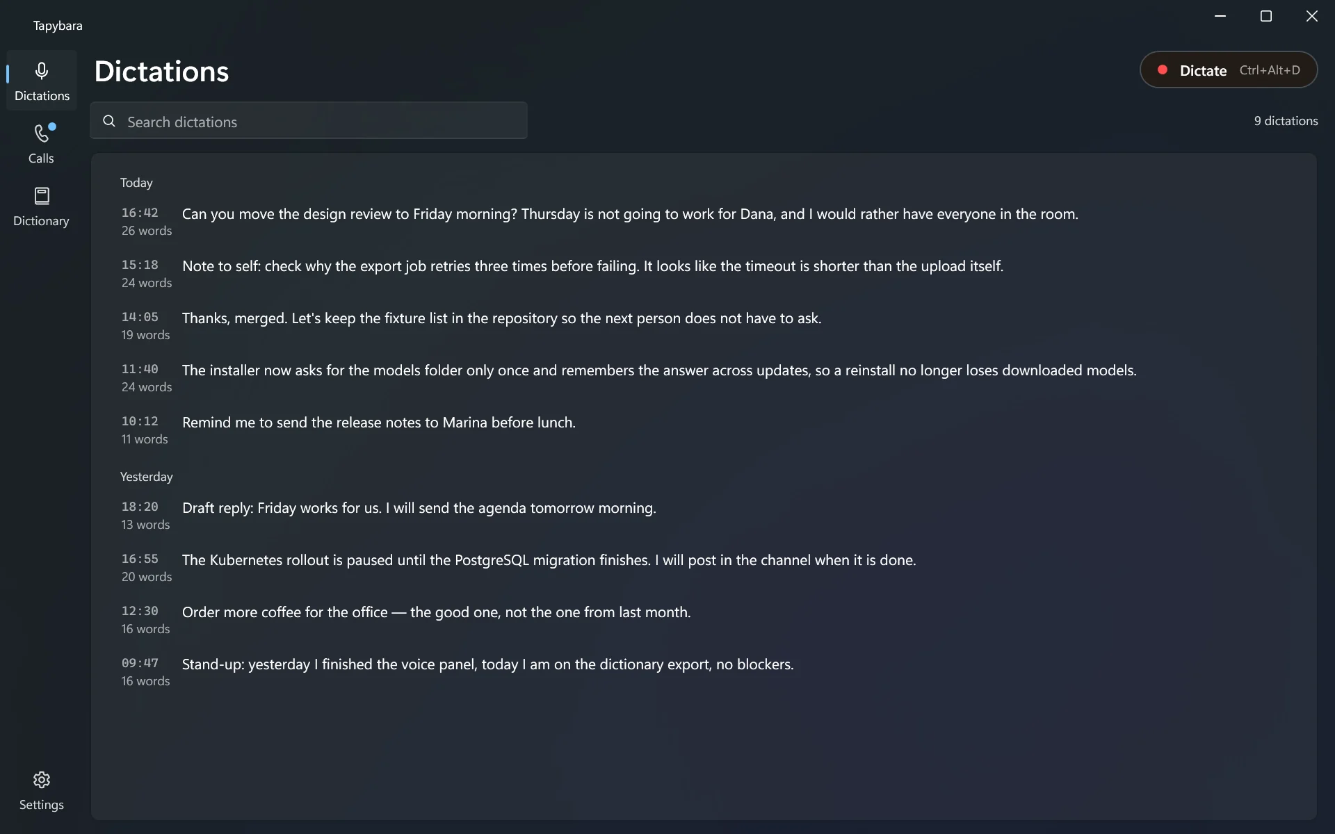 The Dictations page: everything dictated today and yesterday, each with its time and word count, and a search field