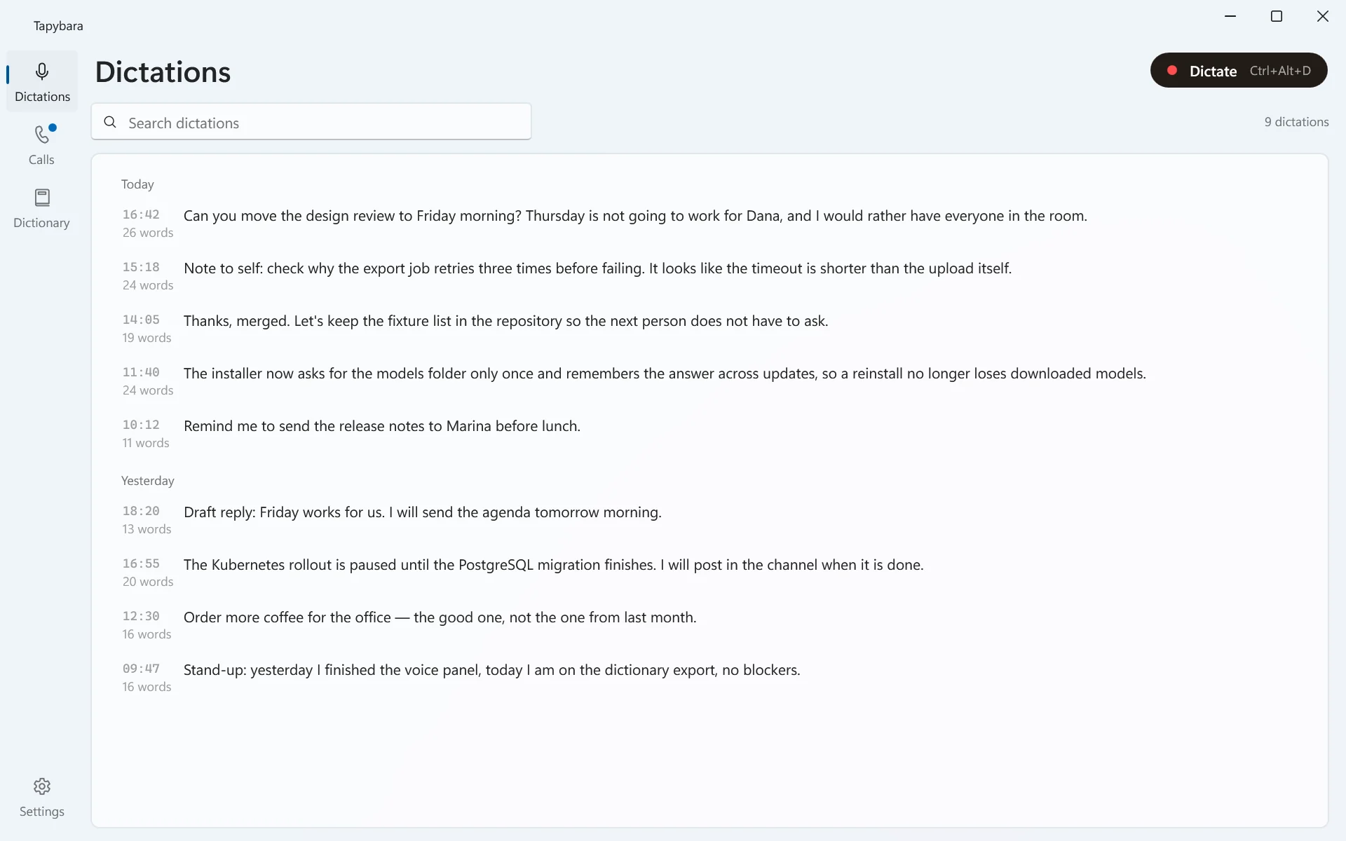 The Dictations page: everything dictated today and yesterday, each with its time and word count, and a search field