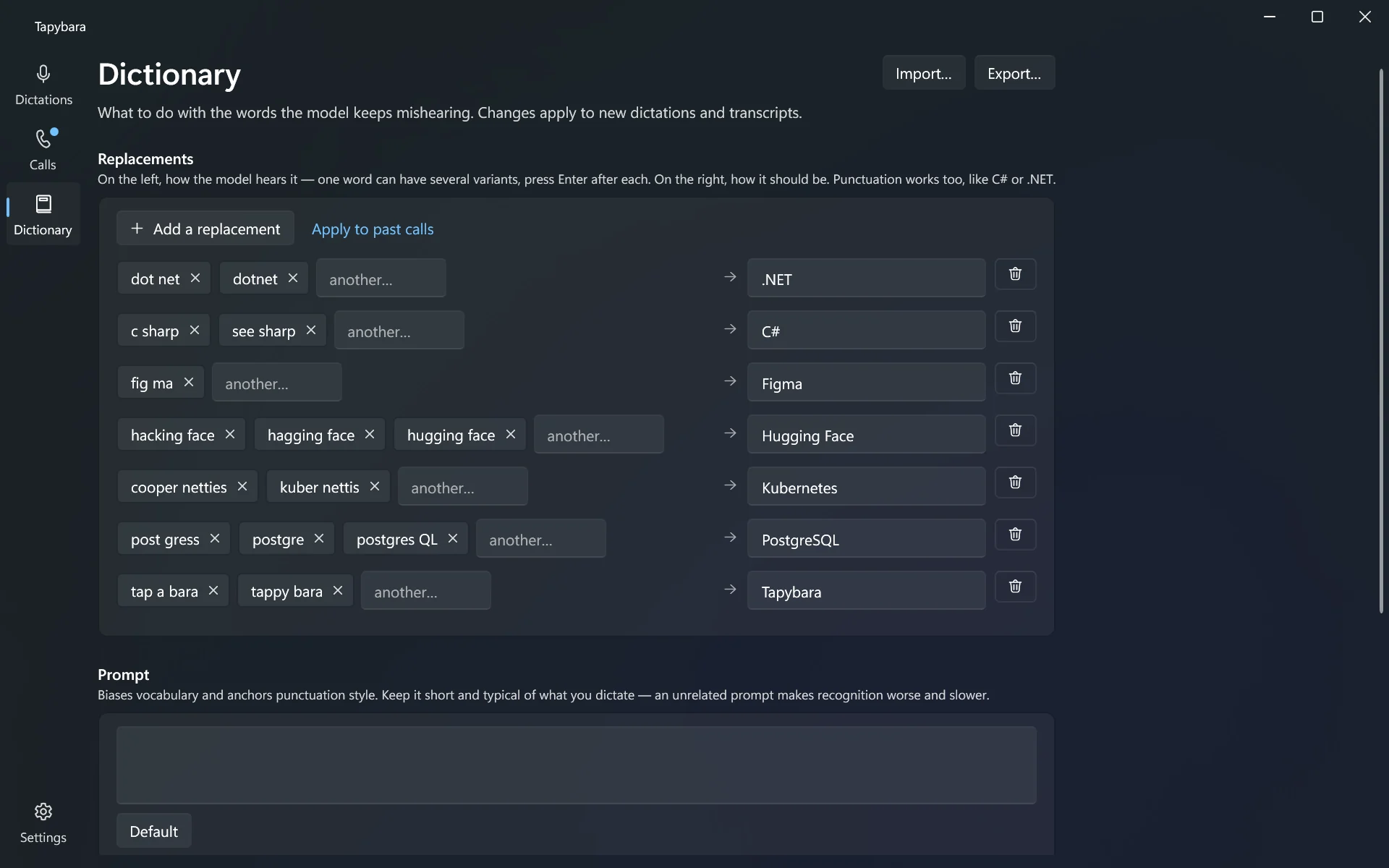 The Dictionary page: replacements grouped by the correct word, several misheard variants on each line, Export and Import buttons, and a list of people with remembered voices