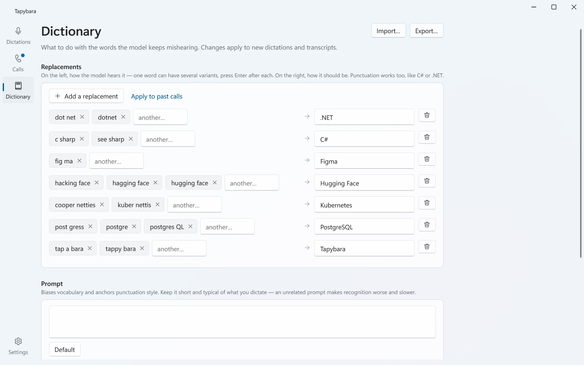 The Dictionary page: replacements grouped by the correct word, several misheard variants on each line, Export and Import buttons, and a list of people with remembered voices