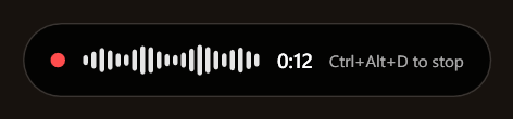 The Tapybara indicator: a red recording dot, a live microphone waveform, elapsed time, and the hint Ctrl+Alt+D to stop