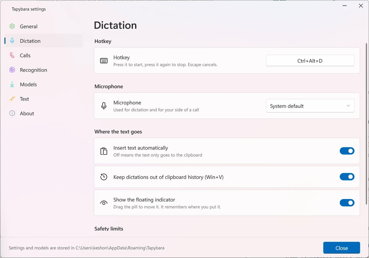 Tapybara settings, Dictation page: hotkey, microphone picker, insertion options and safety limits