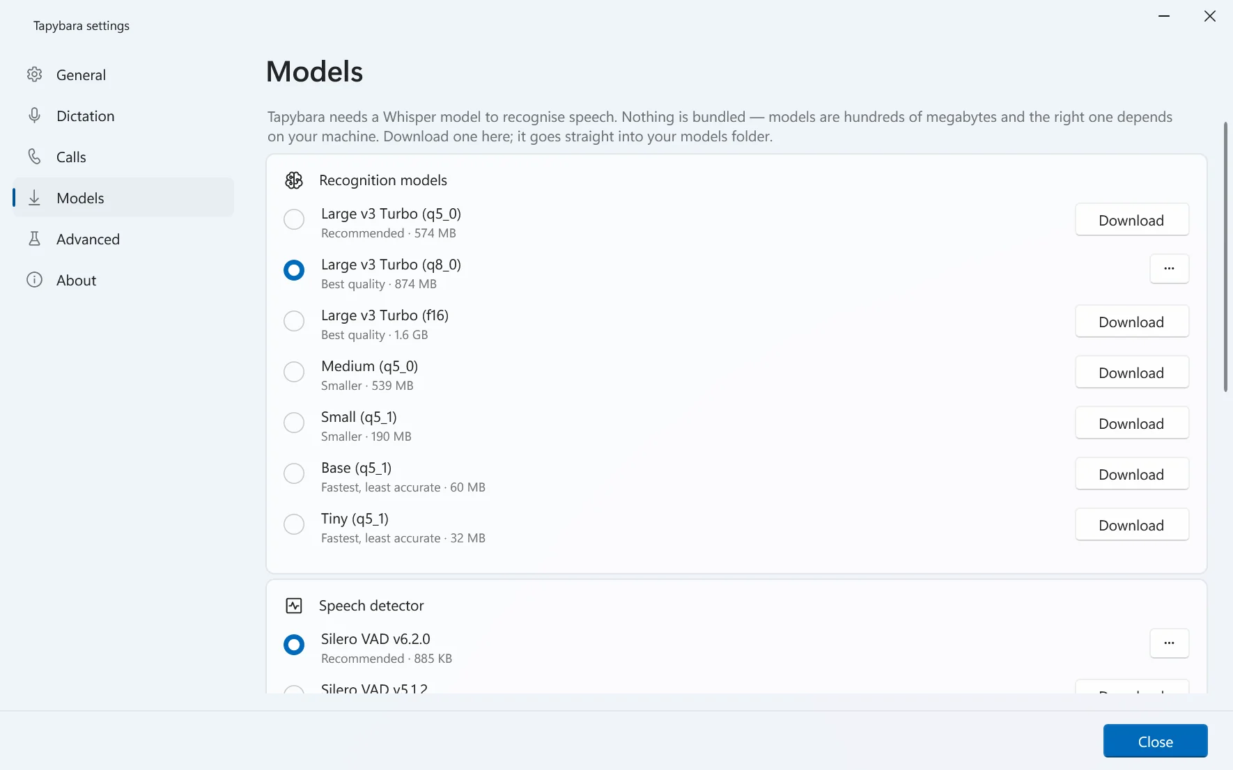 Tapybara settings, Models page: recognition models one per row, the one in use marked with a filled circle, the others with Download; below them the speech detector