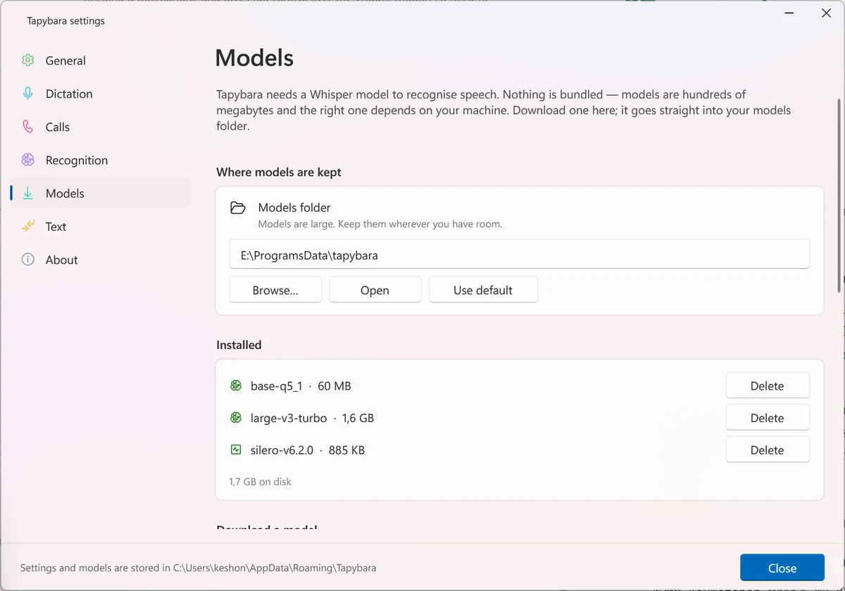 Tapybara settings, Models page: models folder, installed models with sizes and delete buttons, and a download list