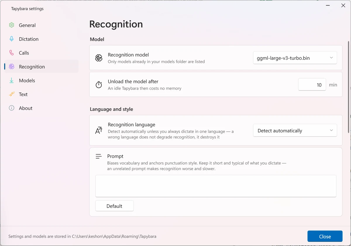 Tapybara settings, Recognition page: model selection, idle unload, recognition language and prompt