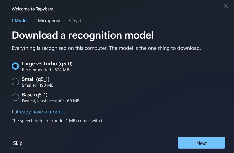 The first-run window: step one of three, Download a recognition model, with three model choices and their sizes