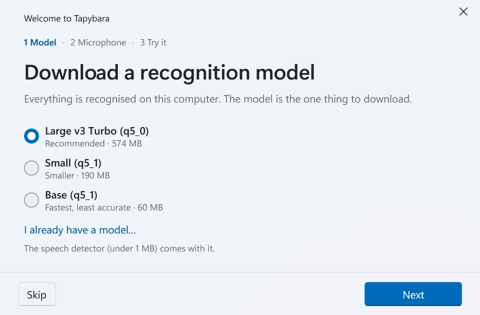 The first-run window: step one of three, Download a recognition model, with three model choices and their sizes